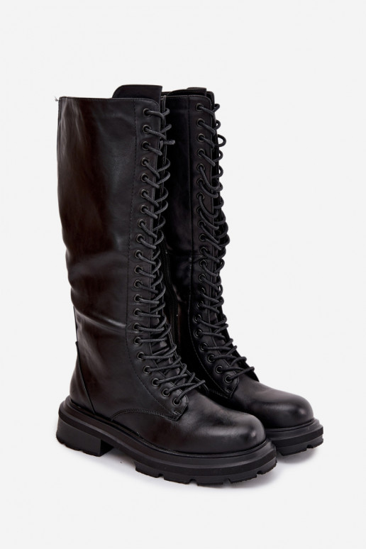 Ilgaauliai kerziniai batai moterims, pašildyti, iš eko odos, juodi, Selvina