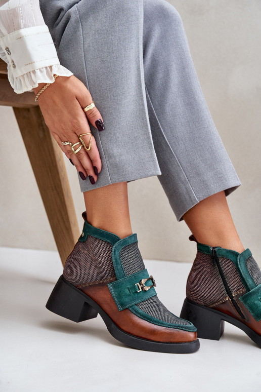 Oda Moteriški aulinukai Ant masyvių kulnų su ornamentais Tai turiciejka A6747-29 rudos-žalios spalvos