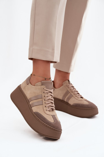 Oda iš zomšos Sneakers modelio batai Moteriškas su platforma Zazoo 3775 smėlio spalvos