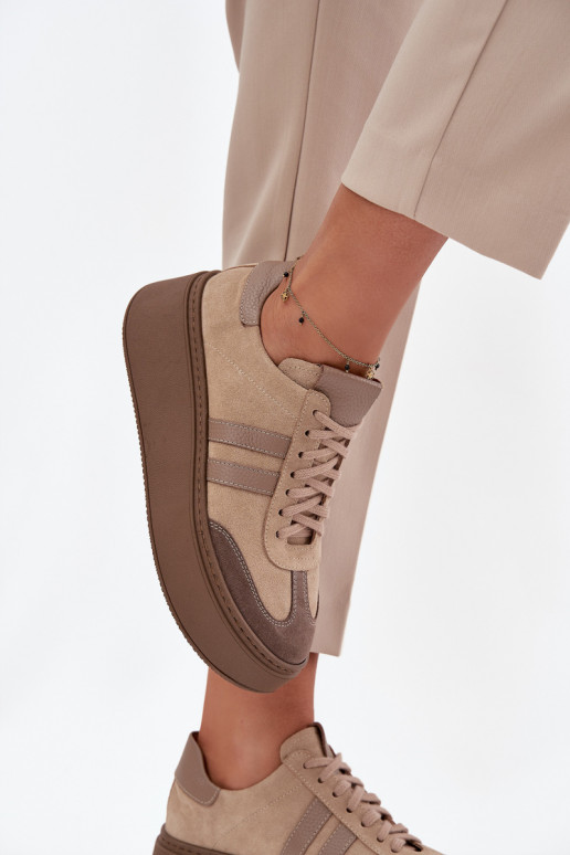 Oda iš zomšos Sneakers modelio batai Moteriškas su platforma Zazoo 3775 smėlio spalvos