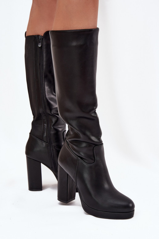 Moteriški ilgaauliai batai iki kelių su kulniukais, eko odos, juodos spalvos Thalina