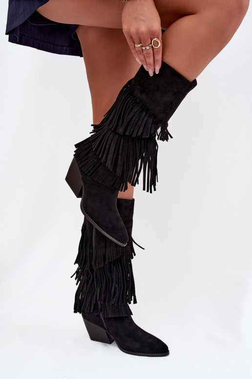 Pašiltinti kaubojiško stiliaus ilgaauliai batai su kutais, juodos spalvos, Brivina