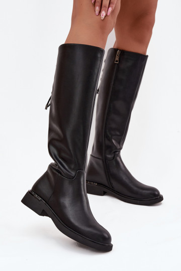 pašiltinti moteriški ilgaauliai bataisuĮjungtaturalnej Skóry su plačiais kulniukais Vinceza 66822 juodos spalvos