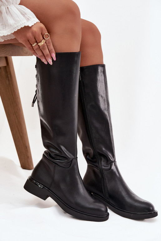 pašiltinti moteriški ilgaauliai bataisuĮjungtaturalnej Skóry su plačiais kulniukais Vinceza 66822 juodos spalvos