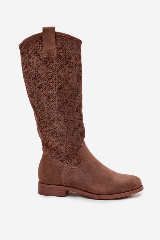 moteriški ilgaauliai batai su aužūro elementais su plačiais kulniukais S.Barski HY52-534 rudos spalvos