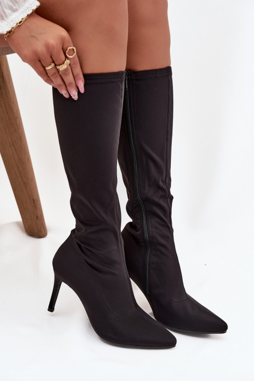  moteriški ilgaauliai batai su plonais kulniukais S.Barski HY52-513 juodos spalvos