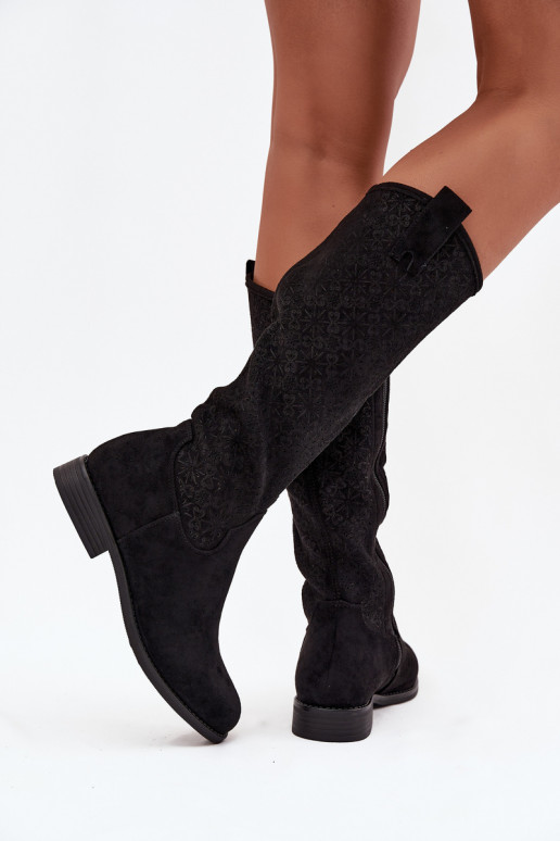 moteriški ilgaauliai batai su aužūro elementais su plačiais kulniukais S.Barski HY52-534 juodos spalvos