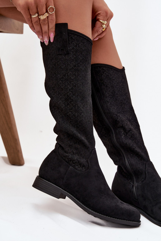 moteriški ilgaauliai batai su aužūro elementais su plačiais kulniukais S.Barski HY52-534 juodos spalvos