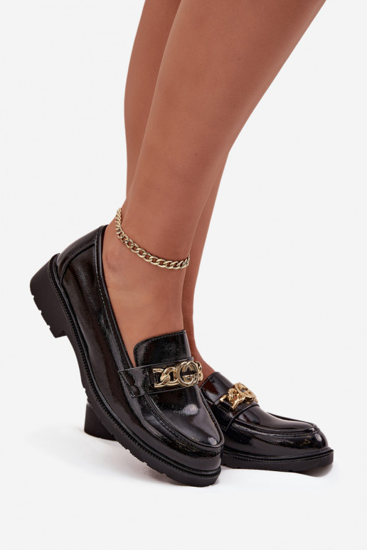 Lakuoti mokasinai Moteriškas su aukso spalvos detalėmis S.Barski HY52-539 juodos spalvos