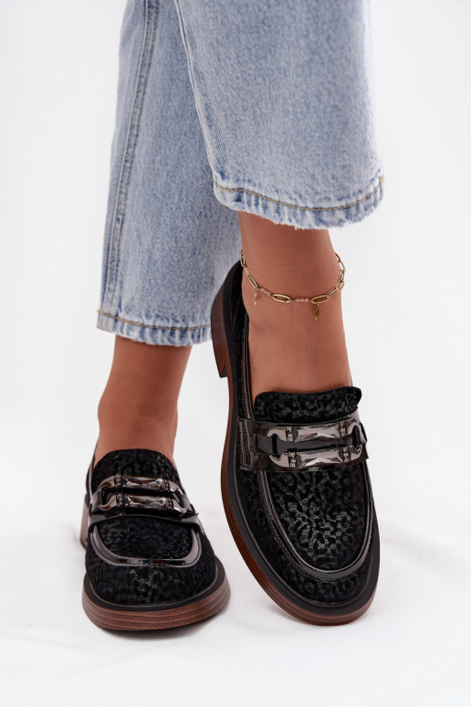 Zomšiniai mokasinai Moteriškas su ornamentais D&A MR52-176 juodos spalvos