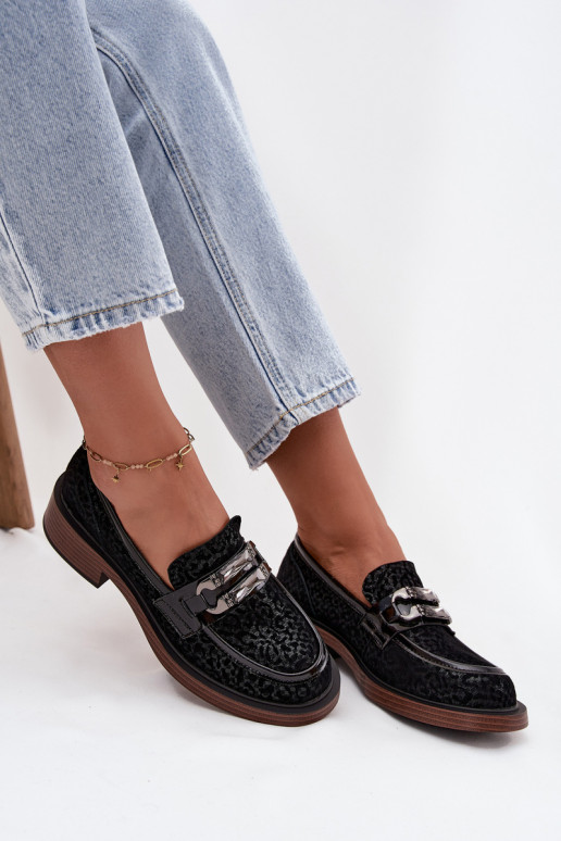 Zomšiniai mokasinai Moteriškas su ornamentais D&A MR52-176 juodos spalvos