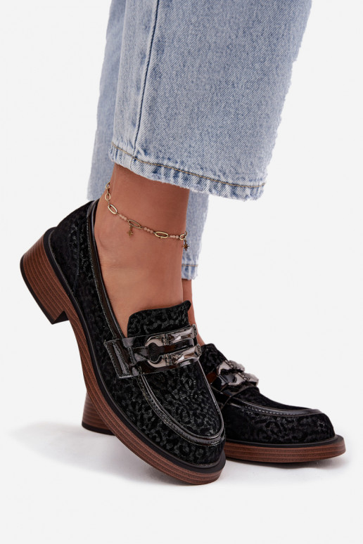 Zomšiniai mokasinai Moteriškas su ornamentais D&A MR52-176 juodos spalvos