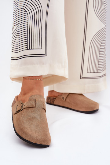 Šlepetės Klumpės Moteriškas i su platforma su sagtimis chaki spalvos Selio