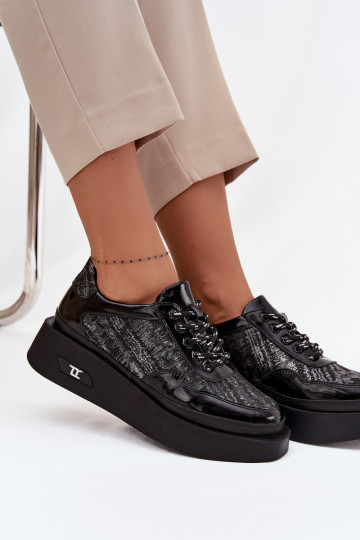 Odiniai moteriški suvarstomi batai su platforma Artiker 57C2043, juodos ir sidabro spalvos