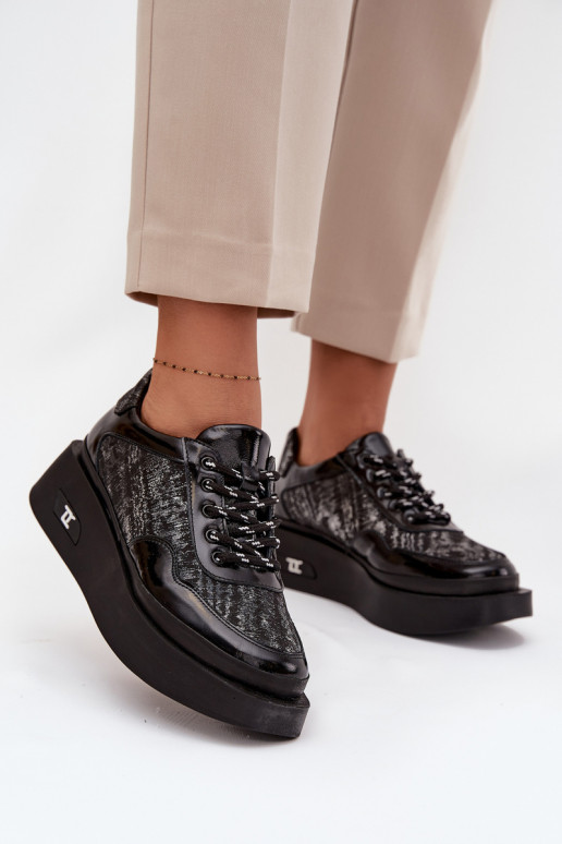 Odiniai moteriški suvarstomi batai su platforma Artiker 57C2043, juodos ir sidabro spalvos