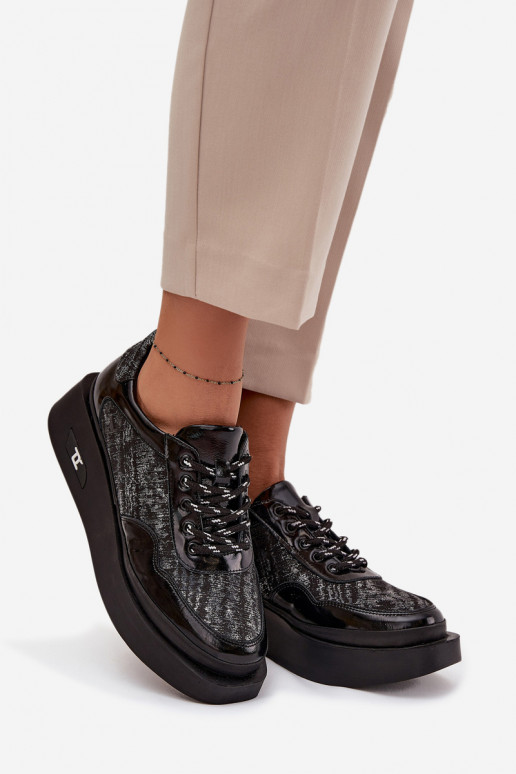 Odiniai moteriški suvarstomi batai su platforma Artiker 57C2043, juodos ir sidabro spalvos