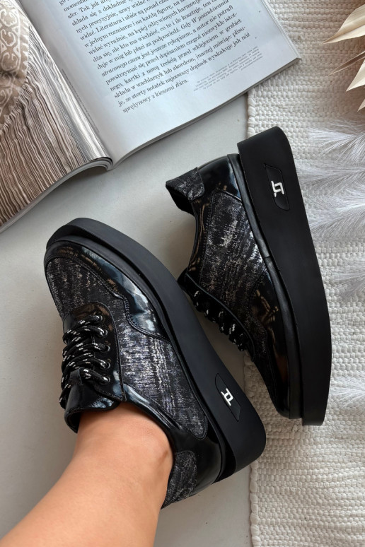 Odiniai moteriški suvarstomi batai su platforma Artiker 57C2043, juodos ir sidabro spalvos