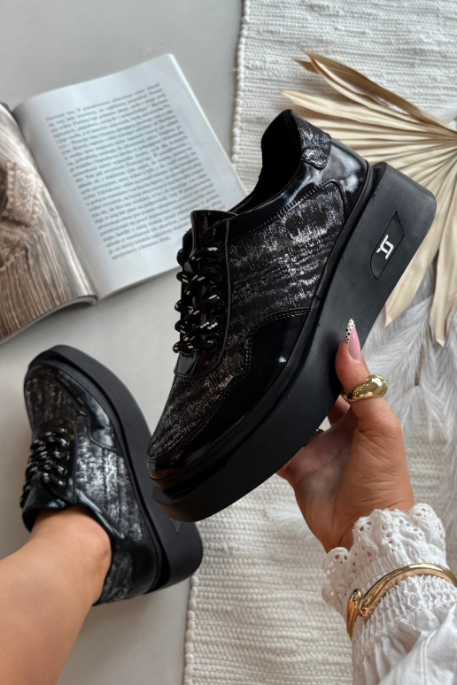 Odiniai moteriški suvarstomi batai su platforma Artiker 57C2043, juodos ir sidabro spalvos