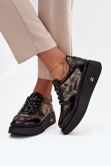 Odiniai moteriški suvarstomi batai su platforma Artiker 57C2042, juodos ir aukso spalvos