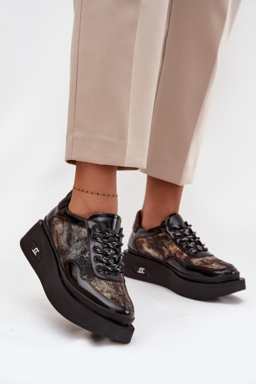 Odiniai moteriški suvarstomi batai su platforma Artiker 57C2042, juodos ir aukso spalvos 2