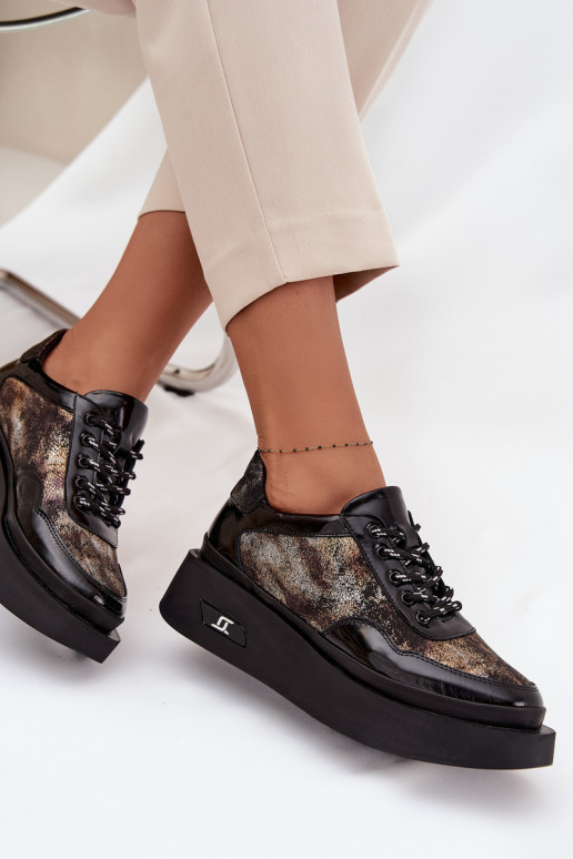 Odiniai moteriški suvarstomi batai su platforma Artiker 57C2042, juodos ir aukso spalvos