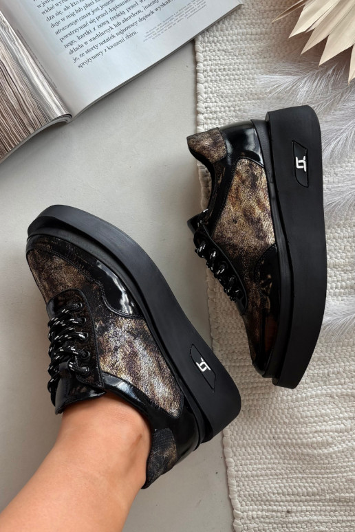 Odiniai moteriški suvarstomi batai su platforma Artiker 57C2042, juodos ir aukso spalvos