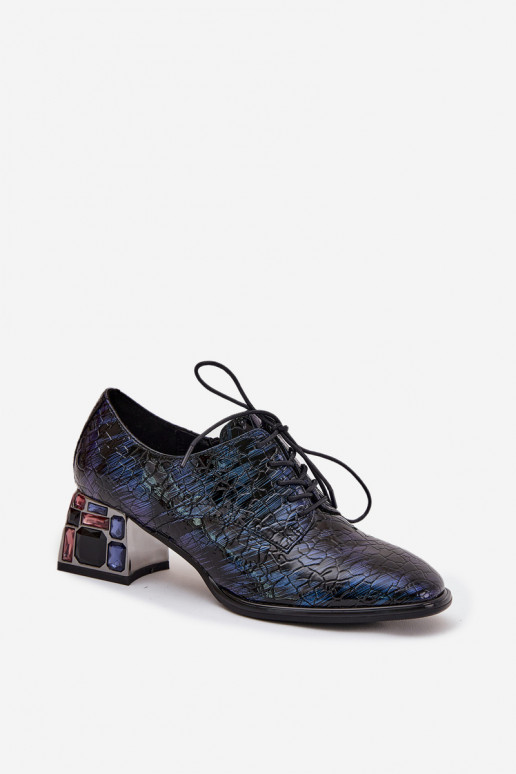 Tamsiai mėlynos spalvos lakuoti natūralios odos moteriški pusbačiai su kulniukais ir spindinčiomis akutėmis „Artiker 55C0428"