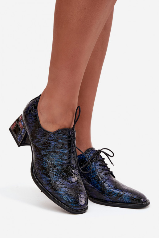 Tamsiai mėlynos spalvos lakuoti natūralios odos moteriški pusbačiai su kulniukais ir spindinčiomis akutėmis „Artiker 55C0428"