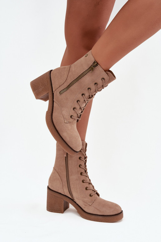 Pašiltinti moteriški smėlio spalvos aulinukai su raišteliu ir užtrauktukais Paressa