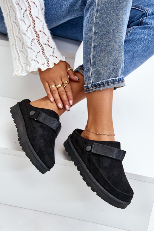 Moteriškas Šlepetės pašiltinti su kailiuku viduje su platforma juodos spalvos Azida