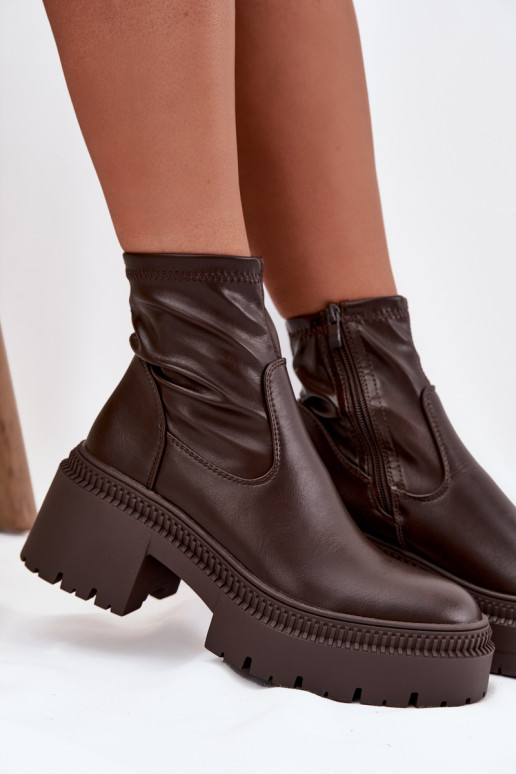 Moteriški aulinukai ant masyvių kulnų ir platformos iš eko odos rudos spalvos Elvianne