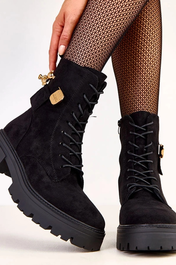 Juodi moteriški žygio batai su auksiniu meškiuku Messey 2