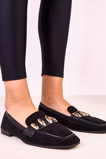 Juodi elegantiški balerinų tipo bateliai su auksine puošmena Klesa