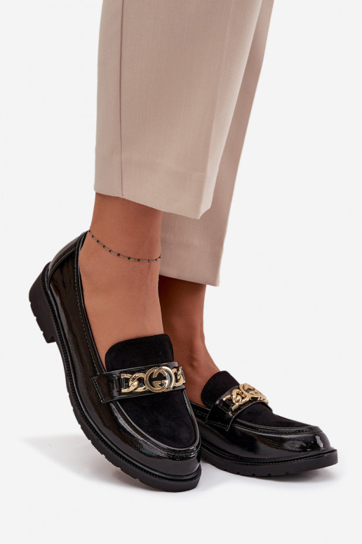 Lakuoti moteriški mokasinai su aukso spalvos detalėmis S.Barski HY52-540 juodos spalvos