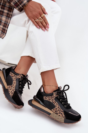 Odiniai moteriški sportinio stiliaus batai su platforma ir leopardo kailio raštais Artiker 55C0134 juodos spalvos
