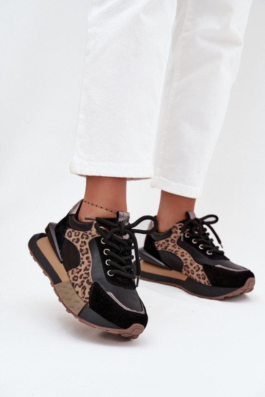 Odiniai moteriški sportinio stiliaus batai su platforma ir leopardo kailio raštais Artiker 55C0134 juodos spalvos
