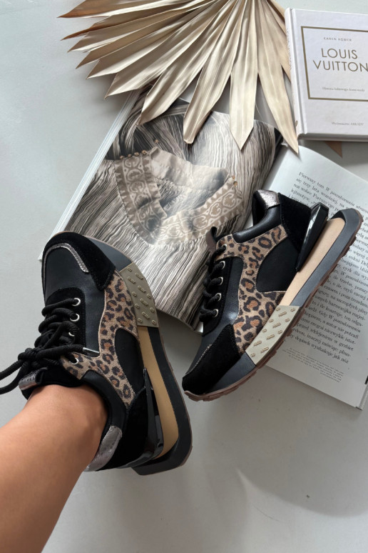 Odiniai moteriški sportinio stiliaus batai su platforma ir leopardo kailio raštais Artiker 55C0134 juodos spalvos