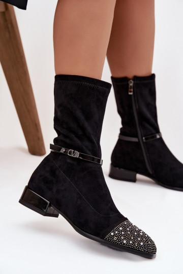 Moteriški aulinukai ant žemo kulno su dekoracija ir juostelėmis D&A MR52-165 juodos spalvos