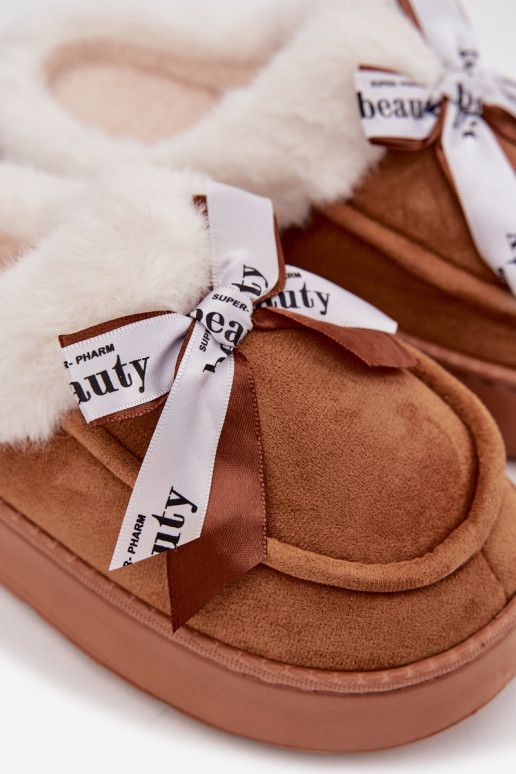 Moteriškos šlepetės su kailiuku ir kokarda, rudos spalvos „Fenella"