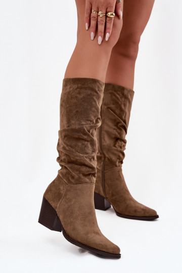 moteriški ilgaauliai batai Su riesta viršutine dalimi su kulniukais pašiltinti žalios spalvos Paelina