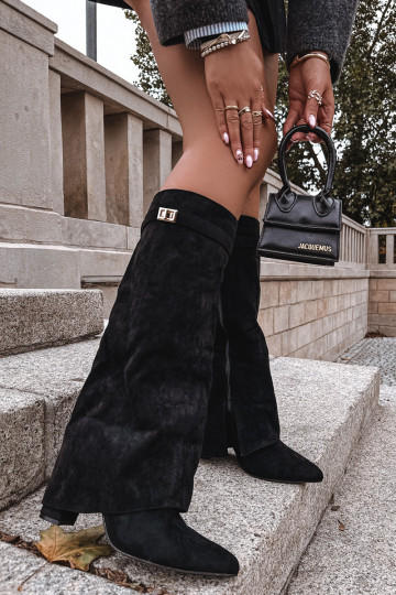 Moteriški ilgaauliai batai su kulniukais ir dekoruotu aulu, smėlio spalvos Evyra