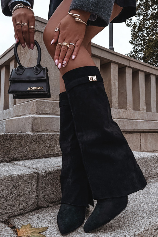 Moteriški ilgaauliai batai su kulniukais ir dekoruotu aulu, smėlio spalvos Evyra