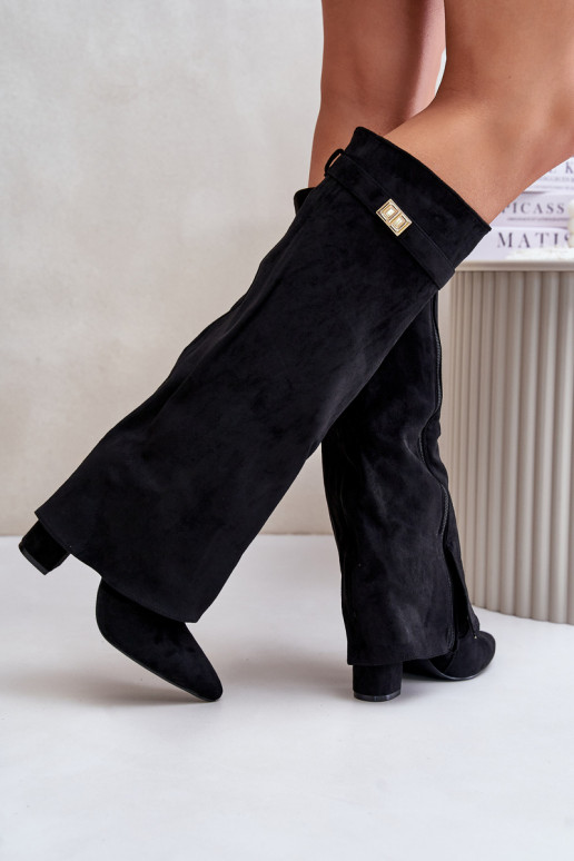 Moteriški ilgaauliai batai su kulniukais ir dekoruotu aulu, smėlio spalvos Evyra