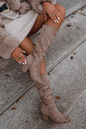 moteriški ilgaauliai batai Su riesta viršutine dalimi su kulniukais pašiltinti smėlio spalvos Paelina