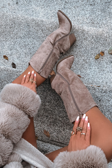 pašiltinti ilgaauliai batai kaubojiško stiliaus su kulniukaissuiš eko zomšosu smėlio spalvos Tai turivine 2