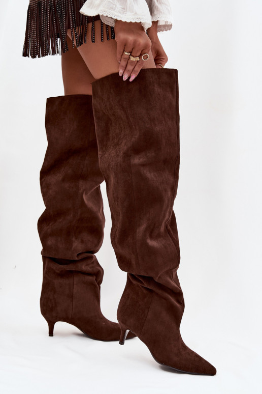 Įsispiriami moteriški ilgaauliai batai su plonais kulniukais šokolado spalvos Ysolienne