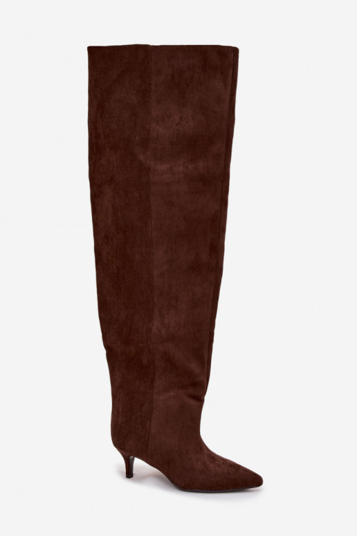 Įsispiriami moteriški ilgaauliai batai su plonais kulniukais šokolado spalvos Ysolienne