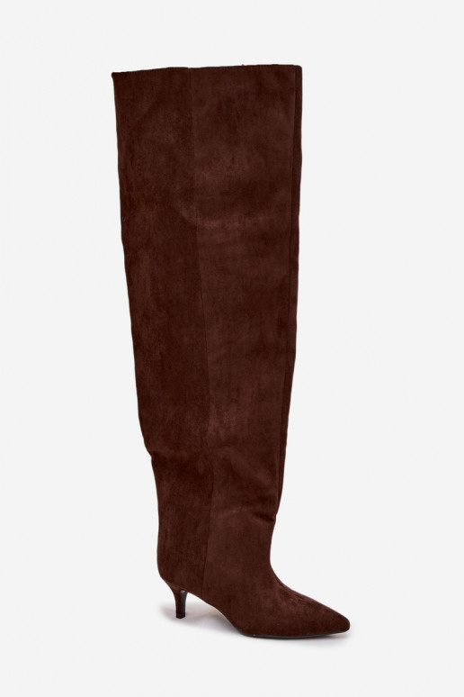 Įsispiriami moteriški ilgaauliai batai su plonais kulniukais šokolado spalvos Ysolienne