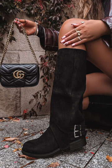 pašiltinti moteriški ilgaauliai batai su sagtimis juodos spalvos Umbria