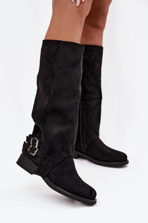 pašiltinti moteriški ilgaauliai batai su sagtimis juodos spalvos Umbria